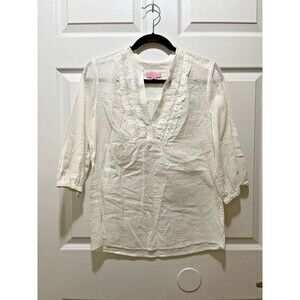 Lilly Pulitzer V-Neck Top Blouse 3/4 Sleeve Size 8 White 100% Cotton